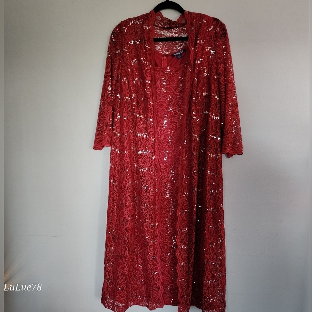 Roaman's Elegant Red Lace Sequin Women's Matching Duster & Dress Set 18W - Picture 2 of 15
